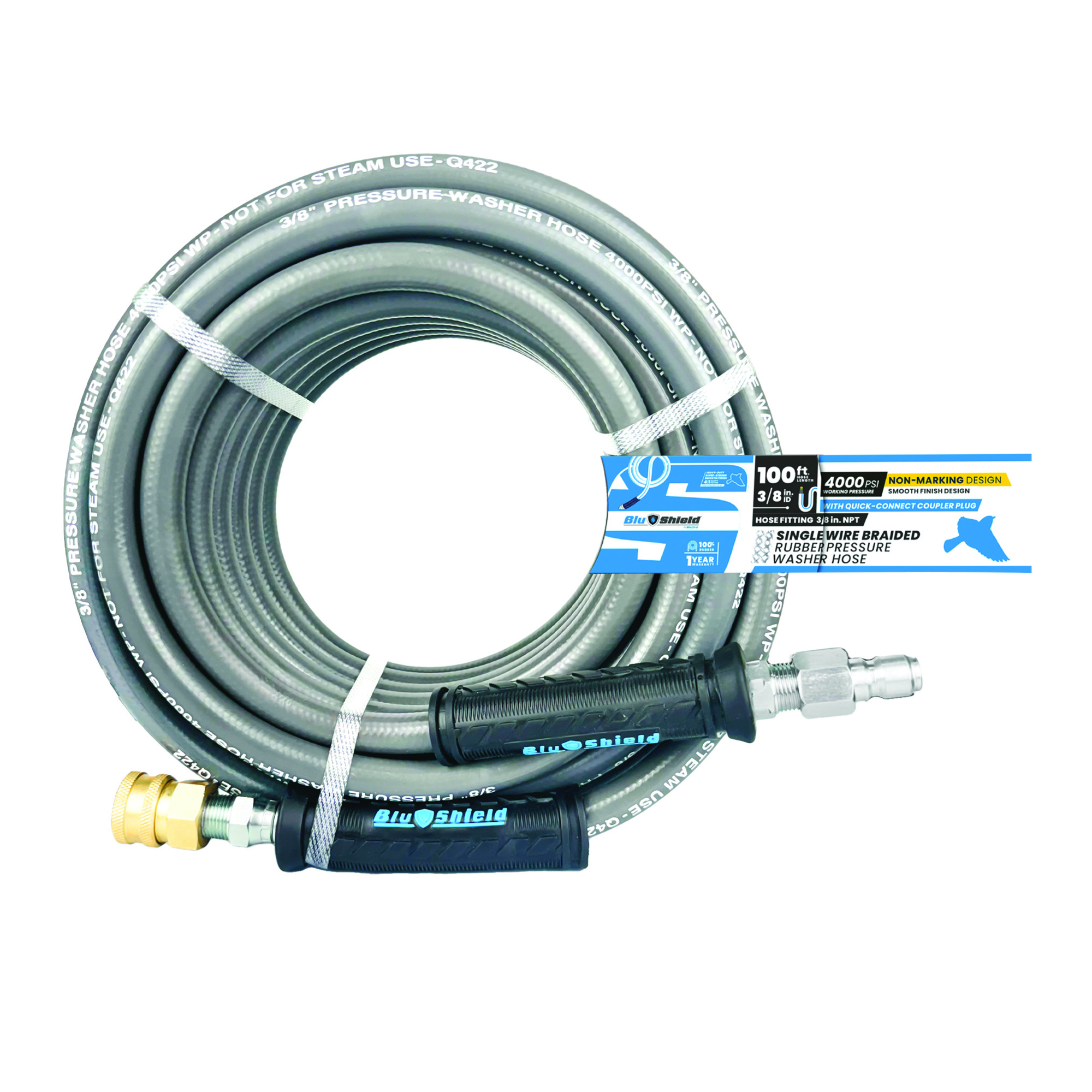 BluShield, Single Wire 3/8x50ft. 4K PSI Pressure Washing Hose, Diameter 3/8 in, Length 50 ft, Max. PSI 4000 Model# PWSW3850-CP